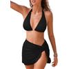 CUPSHE Bikini da donna Set tre pezzi costume da bagno con scollo a V strutturato Halter Indietro Self Tie Twist Sarong vita bassa, nero, XL