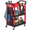 VEVOR Carrello di Servizio Portata 136 kg 3 Ripiani Ruote Girevoli a 360°, Carrello Officina, Ruote con Freno, Struttura in Plastica Resistente con Vassoi e Pannello Forato, per Garage e Magazzino