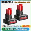 bonacell Per Milwaukee M12 Batteria Ricaricabile 12V 6000mAH Per Milwaukee 12V Strumenti Batteria di Ricambio Con Luce A LED 48-11-2402