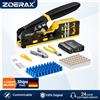ZoeRax RJ45 CAT6 CAT5E CAT5 Kit di strumenti a crimpare, utensile a crimpare, tester per cavi, tagliafili e spelafili, lama, 50 connettori e stivali