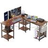 ThomP Scrivania in stile industriale a forma di L Tavolo per computer regolabile da 140/230 cm con spazio di archiviazione e presa integrata