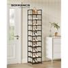 SONGMICS Scarpiera a 10 Ripiani, Scaffale Portascarpe, Organizzatore per Scarpe, 33 x 33 x 173 cm, Telaio in Metallo, Ripiani in Tessuto Non Tessuto, Corridoio, Camera da Letto, Nero/Grigio