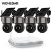 WONSDAR 4 pz Kit Telecamera WiFi Solare Batteria Telecamera PTZ Wireless Esterna Sistema di Video Sorveglianza Set Include Base Domestica iCsee