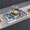 Bymaocar Fornello a Gas a 5 Fuochi con Accensione Elettronica a Impulsi, Convertibile da Gas Naturale a GPL, Piano Cottura in Acciaio Inox per Casa e Ristorante