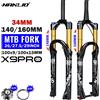 NANLIO Forcella Ammortizzata Nanlio X9 Pro MTB 26 27.5 29 Pollici, Forcella Anteriore ad Aria con Perno Passante da 34mm, Escursione 140mm 160mm, Smorzamento a Rimbalzo QR