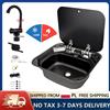 JVSYK Lavabo per Camper RV Nero e Grigio con Rubinetto Regolabile Caldo/Freddo, Coperchio in Vetro Temperato e Base Fonoassorbente