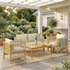 Outsunny Set Salotto da Giardino 4 Pezzi in Legno Acacia, Set di Mobili da Giardino con Divano 2 Posti, 2 Poltrone, Tavolino a Doghe, Cuscini e Decorazioni in Corda, per Patio Balcone, Beige/Naturale