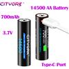 CITYORK Batterie Ricaricabili AA 14500 CITYORK 3.7V 700mAh, Celle al Litio USB per Torce LED, Lampade Frontali, Mouse e Giocattoli