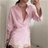 YZRLADY Completo da donna a righe 2 pezzi: camicia oversize a maniche lunghe + gonna a vita alta con pizzo, coordinato casual chic per primavera estate