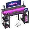 Coleshome Scrivania da gaming Coleshome con LED, tavolo da gaming 120X50 cm con 2 prese e 2 porte USB, scrivania per computer con ripiano per ufficio domestico, fibra di carbonio nera
