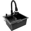 NONE Lavello da cucina con rubinetto estensibile e sciacquabicchieri, 1 vasca, lavello integrato, include tubo di scarico, dispenser sapone, cestello filtro, nero