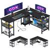 Coleshome Scrivania da gaming a forma di L Coleshome con design reversibile, scrivania con ampio spazio di archiviazione, scrivania angolare con 2 prese e 2 porte USB, 150×102 cm (Fibra di carbonio nera)
