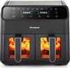 sinaopus Friggitrice ad Aria Sinaopus 2000W, 9L Senza Olio, Doppio Cestello, Friggitrice ad Aria Calda con Pannello Touch LED, Programmi Automatici, 2 Camere
