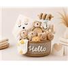 Decostatue Regalo per nascita per bambini o bambine, 11 pezzi, con asciugamano con cappuccio, sonaglio, giocattolo per passeggino e cestino portaoggetti, regali per nascita per baby shower