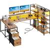 Klyvvo Scrivania Angolare con LED, 160x100cm Grande Scrivania Angolare Reversibile con Cassetti, con Presa di Corrente, Libreria, Supporto per Monitor, Scrivania Gaming per Casa Ufficio, Marrone
