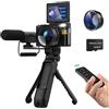 ZELURXX Videocamera da 3,0", con apertura a 180°, videocamera, fotocamera digitale, 48 MP, con treppiede e microfono, zoom digitale 16x, videocamera per vlogging, nero