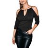 EMOTTOS Maglia Trasparente Donna con Catena Metallica Spalla Scoperta Maniche Tre Quarti vestibilità Ampia Top Elegante Casual per Estate Nero Taglia L