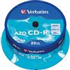 Verbatim CD-R AZO Crystal 700MB 80 Min 52x - Confezione da 25 Dischi in Spindle - Supporti Vergini per Masterizzazione Audio, Dati e Backup ad Alta Affidabilità