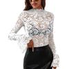 Momtecanuo Top da Donna a Maniche Lunghe in Pizzo a Maglia con Collo Alto Camicetta Trasparente Sexy Floreale per Uscire, Bianco, XL