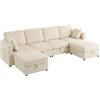 HOMCOM Divano Modulare a U 4 Posti con 2 Pouf Contenitori in Velluto a Coste, 4 Cuscini, Bianco Crema | Aosom Italy