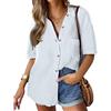 Hotouch Camicie da Donna Camicie Abbottonate in Cotone Camicette a Maniche Corte Camicie con Colletto con Scollo a V Camicetta Casual Camicie in Tinta Unita Top con Tasche Bianco XXL