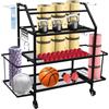 ACLICE Scaffale portaoggetti a 3 ripiani con ruote, scaffale fitness in acciaio max 136 kg, con ganci e cestini laterali, per tappetino da yoga, manubri e palla, nero