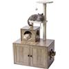 Relaxdays, tiragraffi per gatti con armadietto per la lettiera, dimensioni: 133x78x49 cm, pali in sisal e cuccia, aspetto legno, torre per gatti, color marrone chiaro