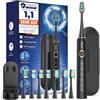 YTEATH PRO Spazzolino elettrico per adulti e bambini - Spazzolino elettrico sonico, con 8 testine, durata della batteria 90 giorni, 5 modalità, 50000VPM, custodia da viaggio, timer (Nero Pece)