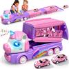 Innofans Camion Trasportatore Unicorno 2 in 1, Giocattolo Camion con Pista da Gara Pieghevole, Set Auto con 4 Macchinine, Gioco per Bambini e Bambine dai 3 Anni