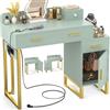 iSunirm ModernoToeletta da Trucco,Toeletta con 2 Cassetti e 1 Armadietto Portaoggetti,Tavolo da Toeletta con Presa Elettrica,Adatto per Camera da Letto e Soggiorno,Verde