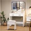Salutmeuble Grande tavolo da toeletta con sgabello imbottito per trucco, moderno con illuminazione a LED regolabile e prese, grande superficie a specchio, 2 cassetti, 80 x 40 x 138 cm, bianco