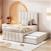 Oxtao Lettino imbottito per bambini, 90 x 200 cm, con letto estraibile e 3 cassetti, testiera regolabile, letto singolo per 2 bambini, letto per ragazzi con rete a doghe, lino (beige, 90 x 200 cm)