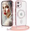 Coiwxmoi Cover Magnetica per iPhone 11 Custodia con Cordino Laccio, Compatibile con Magsafe Trasparente Glitter Silicone Protettiva Antiurto Antigraffio Case con Collana, Rosa