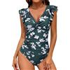 FemiChic Costume Intero Donna Contenitivo Costumi da Bagno Interi Scollo a V Curvy Swimsuit con Volant Pancia Piatta Spiaggia Beachwear(Verde Scuro Stampato,L)