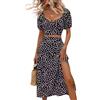BSLVWG Completo da donna in 2 pezzi, a maniche corte e gonna midi con spacco, estivo, con scollo a V e maxi gonna a pois, abito casual per vacanze, Nero , S