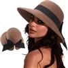DRESHOW Cappelli da Sole per Donna Fedora da Viaggio Pieghevole da Spiaggia Cappello da Sole Sstivo a Tesa Larga in Paglia con Fiocco UPF 50+