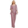 WEOKDFHA Abiti per la Mamma della Sposa Completo da 3 Pezzi in Chiffon con Pantaloni for la Madre della Sposa, Applicazioni in Pizzo, Elegante Abito Formale da Donna con Giacca(Pink,12)
