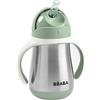 BÉABA, Biberon/Tazza di Apprendimento 2 in 1, Tazza con cannuccia per Bambini, 100% a Tenuta, Salvagoccia, Facile da aprire, Manici Removibili, Inox, 250 ml, Verde salvia