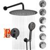 VEVOR Sistema Doccia a Pioggia per Bagno con Soffione Tondo 305 mm e Doccetta, Set di Rubinetti da Doccia a Parete, con Valvola in Ottone e Kit di Finitura, Rubinetto Doccia, Nero Opaco