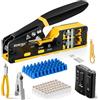 ZoeRax Kit di crimpatura RJ45 8 in 1, kit di crimpatura Ethernet passante, kit di riparazione con tester per cavi PoE, spelafili multistrato, lame, 50 connettori Cat 6 e stivali antistrappo