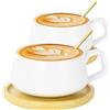 AOOTE Set di 2 Tazze da Cappuccino con Piattino, 320ml Set di Tazze e Piattini, Eleganti e Moderne Tazze da Caffè in Gres, per Tè Caffè Cappuccino, Tazze da Caffè con Disco in Legn, Bianco