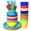Youngever 54 Pezzi 9 Set Posate di Plastica per Bambini in 9 Colori Assortiti, Set da Pranzo per Bambini, Tazze, Piatti per Bambini, Ciotole per Bambini, Set di Posate, Set di Piatti Per Bambini