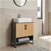 [en.casa] Mobile Sottolavabo da Terra a 2 Ante in Bambù con 2 Scomparti Chiusi e Vano Aperto Armadio da Bagno Sotto Lavandino Ritaglio Sifone 70 x 60 x 30 cm - Grigio Scuro/Naturale