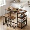 GOKHOMX Set tavolo da bar con 2 sgabelli, tavolo alto da pranzo in piedi con 3 ripiani, stile industriale, per piccolo spazio cucina, sala da pranzo, soggiorno, bar, bistrot, balcone, marrone e nero