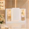 PREMTURE Tavolo di ricezione con cassetto per tastiera e 2 armadi, bancone con 3 strisce luminose colorate, bancone di ricezione con vetrina in vetro, tavolo da reception,150 x 52 x 100 cm