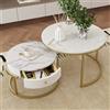 Amveya Tavolo Rotondo, Tavolino da Salotto Bianco Moderno, Tavolo Salotto Moderno con effetto marmo con cassetti, Coffee Table cornice dorata set di 2 pezzi