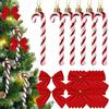 FUKPO 6 Pezzi Strisce Rosse e Bianche Bastoncini di Zucchero Addobbi Natalizi e 12 Pezzi Rosso Fiocchi per Albero di Natale, Decorazioni Natalizie per la Casa Albero di Natale Ciondoli e Pendenti