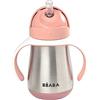 BÉABA - Biberon/Tazza di Apprendimento 2 in 1, Tazza con cannuccia per Bambini, 100% a Tenuta, Salvagoccia, Facile da aprire, Manici Removibili, Inox, 250 ml, Rosa antico