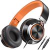 AILIHEN C8 Cuffie Cablate Con Microfono Cuffie On-Ear Pieghevoli e Regolabili Controllo Volume Audio Stereo HD Jack Da 3,5 mm Per Chromebook, Laptop, Smartphone, Studio, Ufficio, Viaggi(Arancio Nero)