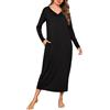 Leversic Camicia da Notte Donna Manica Lunga Camice da Notte Cotone Vestito da Notte Invernale con Tasche Pigiama Tinta Unita Nero S